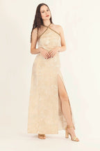 Athena Tan Long Dress with Slit by Raas