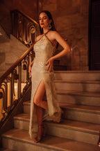 Athena Tan Long Dress with Slit by Raas