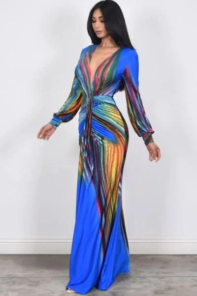 Multi Color Blue Swirl Print Dress by Social Butterfly Collection