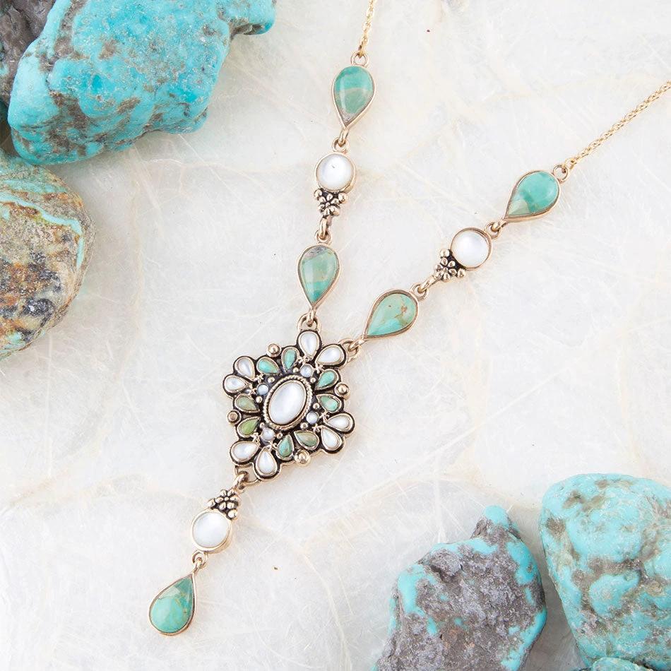 White Mother of Pearl and Blue Turquoise Golden Barcelona Y-Necklace by Barse Jewelry