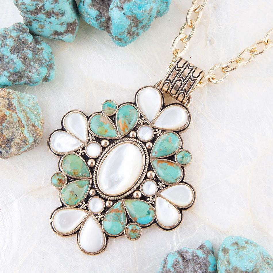 Barcelona Blue Turquoise and Mother of Pearl Golden Statement Necklace by Barse Jewelry