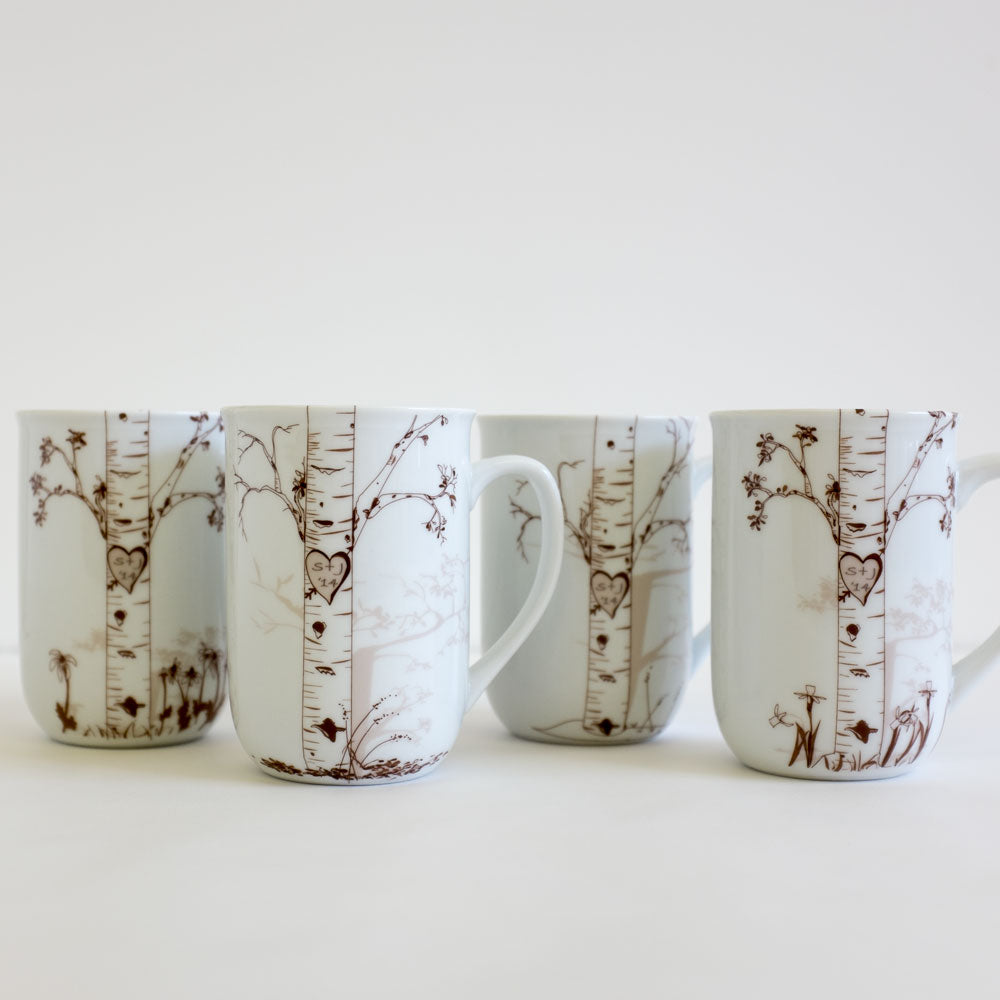 Personalized Ceramic Birch Mug Set – Custom Initials in Heart Design