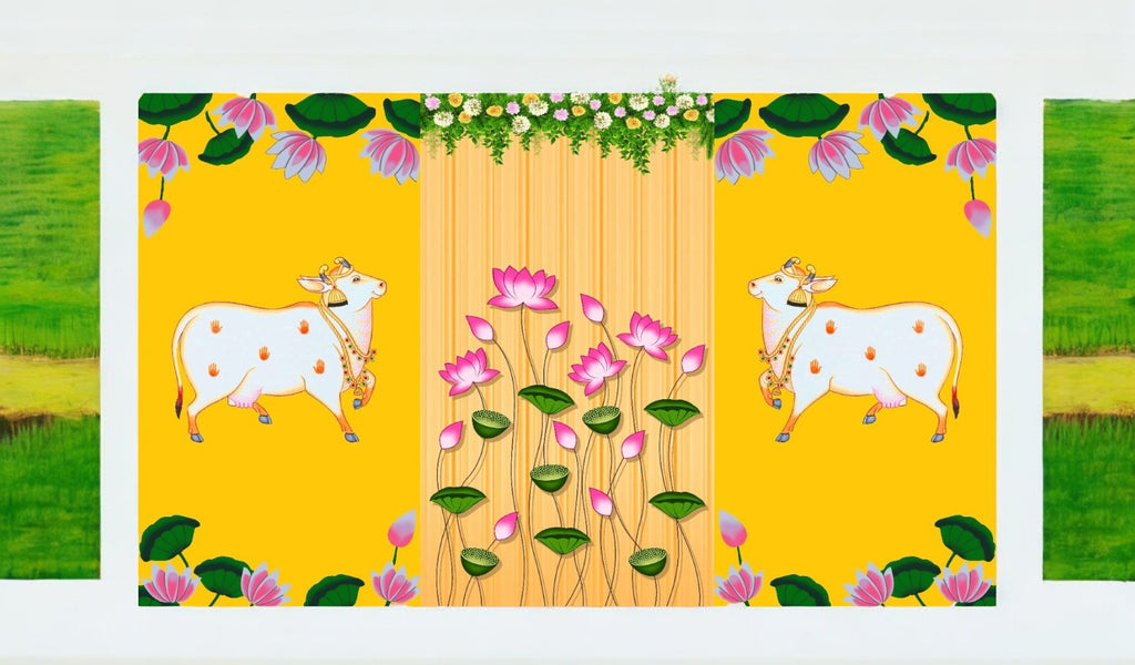 Traditional Pichwai Backdrop for Diwali, Wedding, Housewarming - 5 x 8 Feet Fabric Backdrop (1119)
