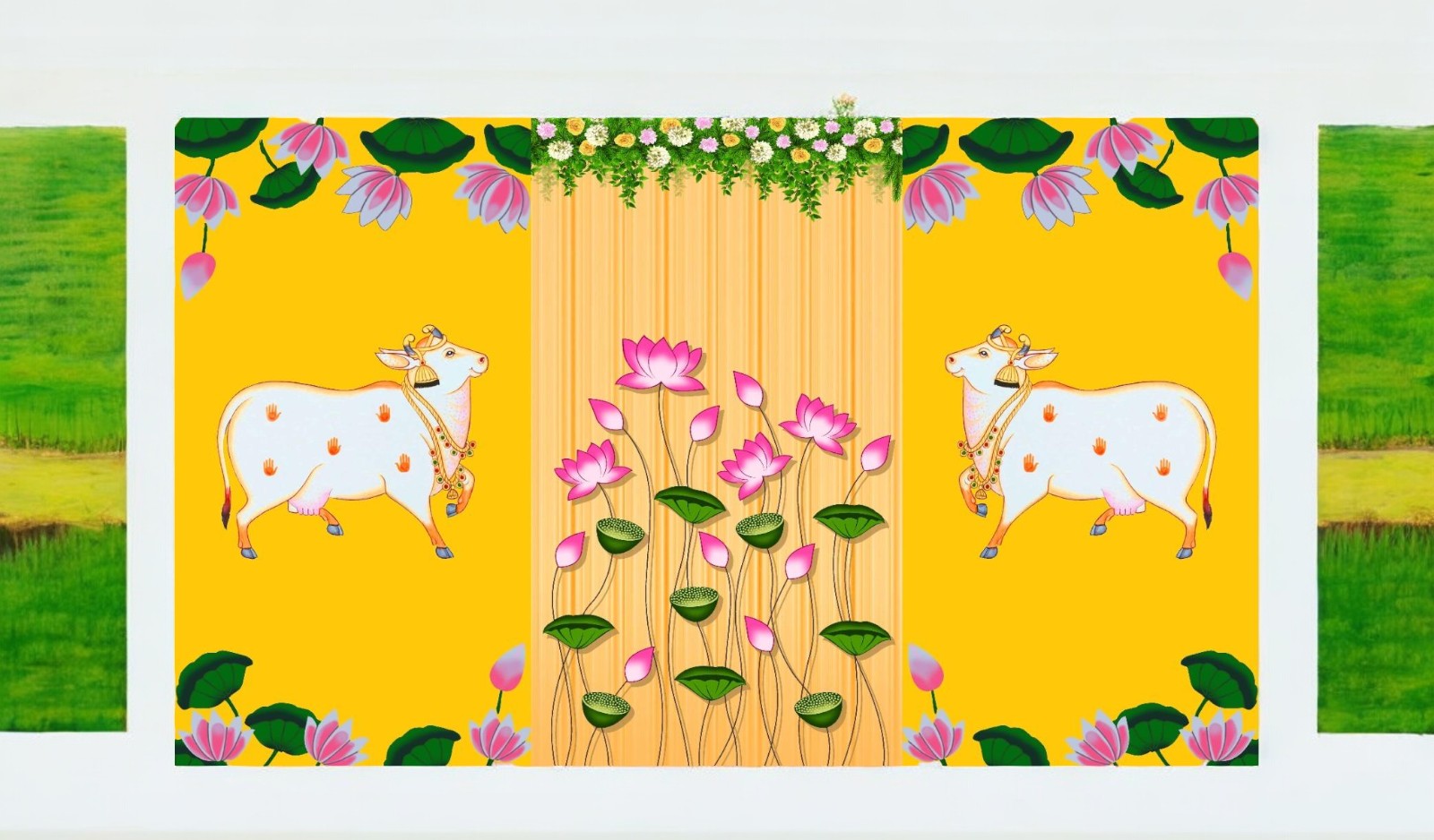 Traditional Pichwai Backdrop for Diwali, Wedding, Housewarming - 5 x 8 Feet Fabric Backdrop (1119)