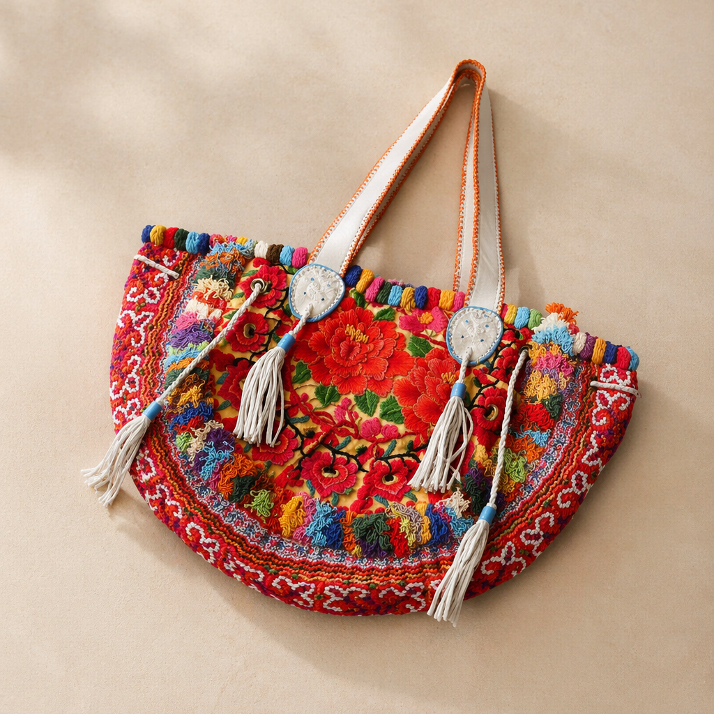 Half-moon Ibiza Bag Pom Pom Trimmed XL - Thailand