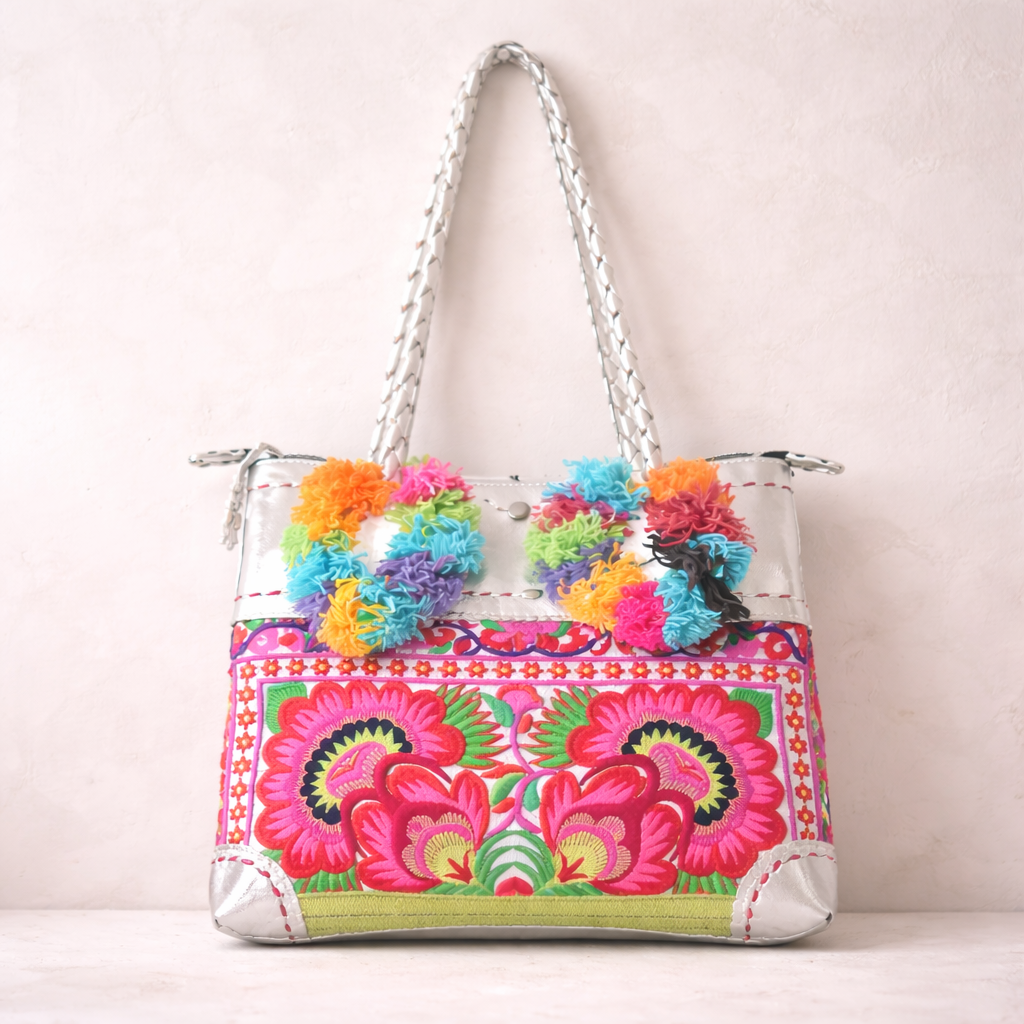 Bonita Vintage Leather Pompom Shoulder Bag - Thailand