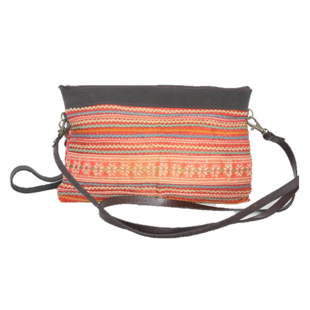 Upcycled Hmong Traditional Fabric Leather Crossbody - Thailand