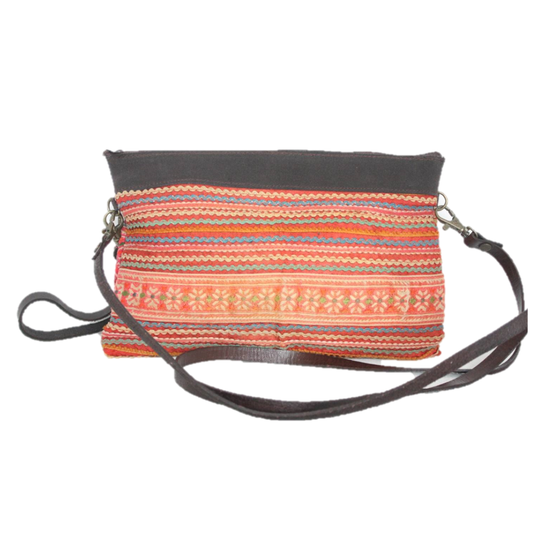Upcycled Hmong Traditional Fabric Leather Crossbody - Thailand