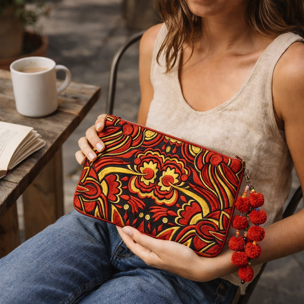 Soila Embroidered Pompom Clutch | iPad Bag - Thailand