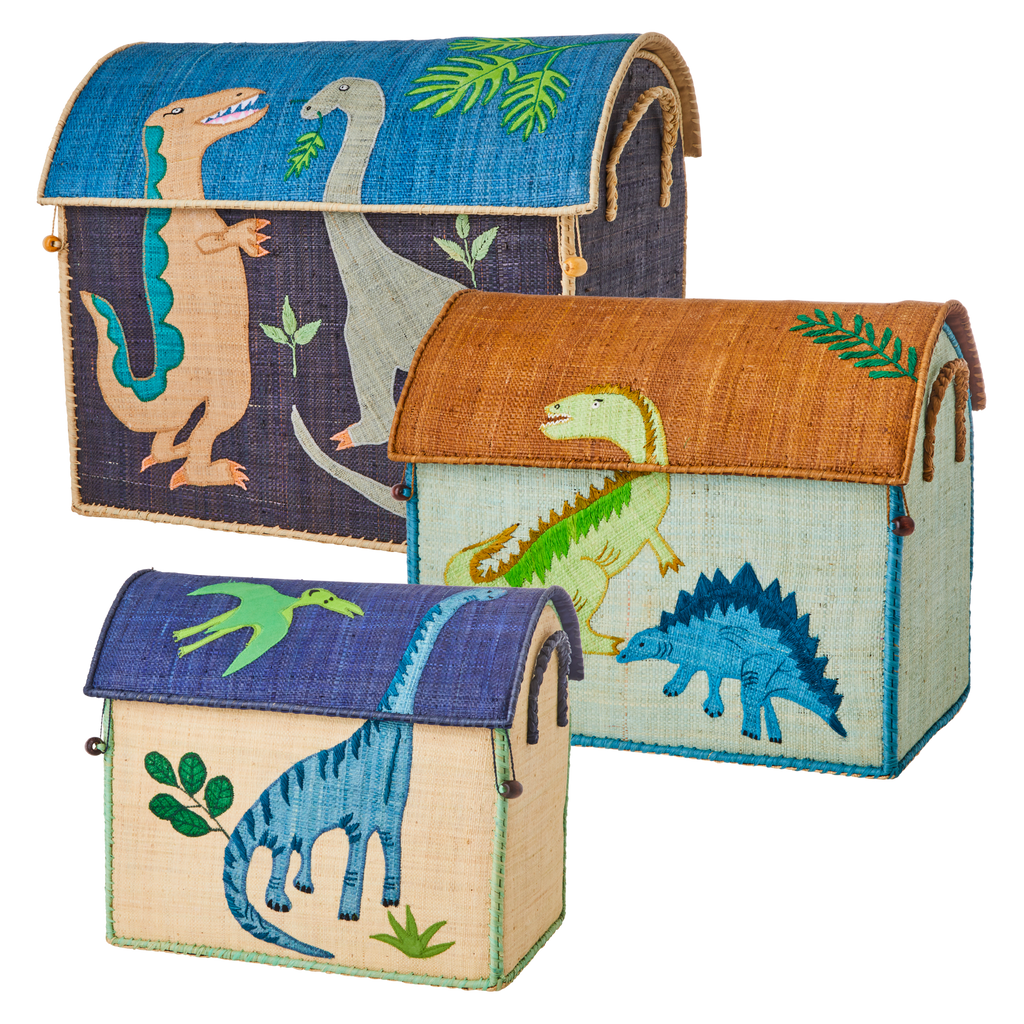 Small Raffia Storage Basket with Dinosaur Theme