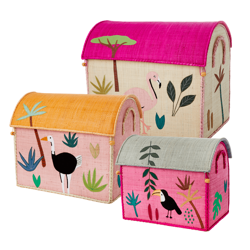 Raffia Storage Baskets with Jungle Pink Theme - Set of Three by Rice By Rice