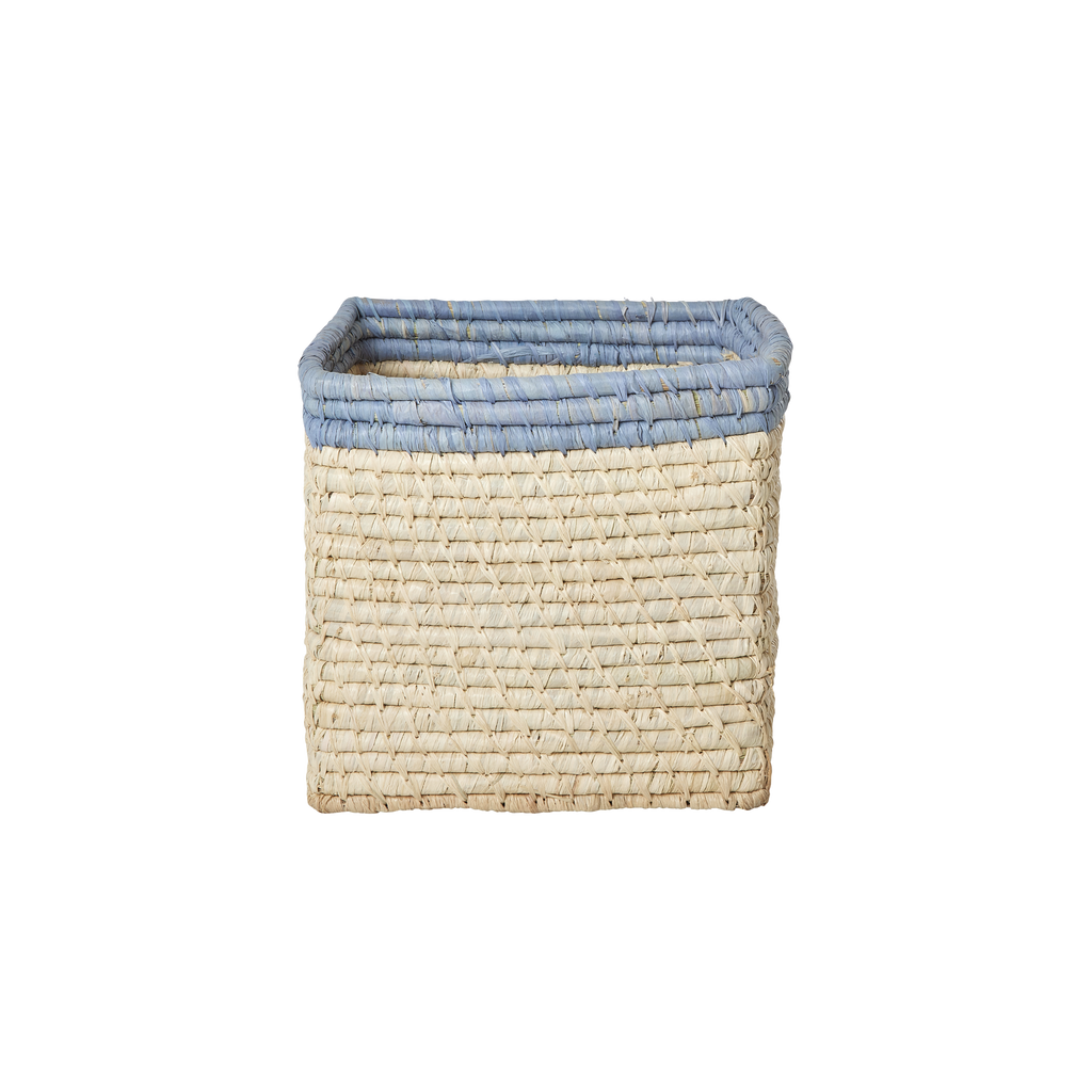 Small Square Raffia Storage Basket with a Blue Top