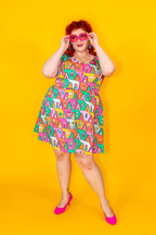 8-Bit A-Frames Fit & Flare Midi Dress in Bright Day by Blue Platypus Clothing