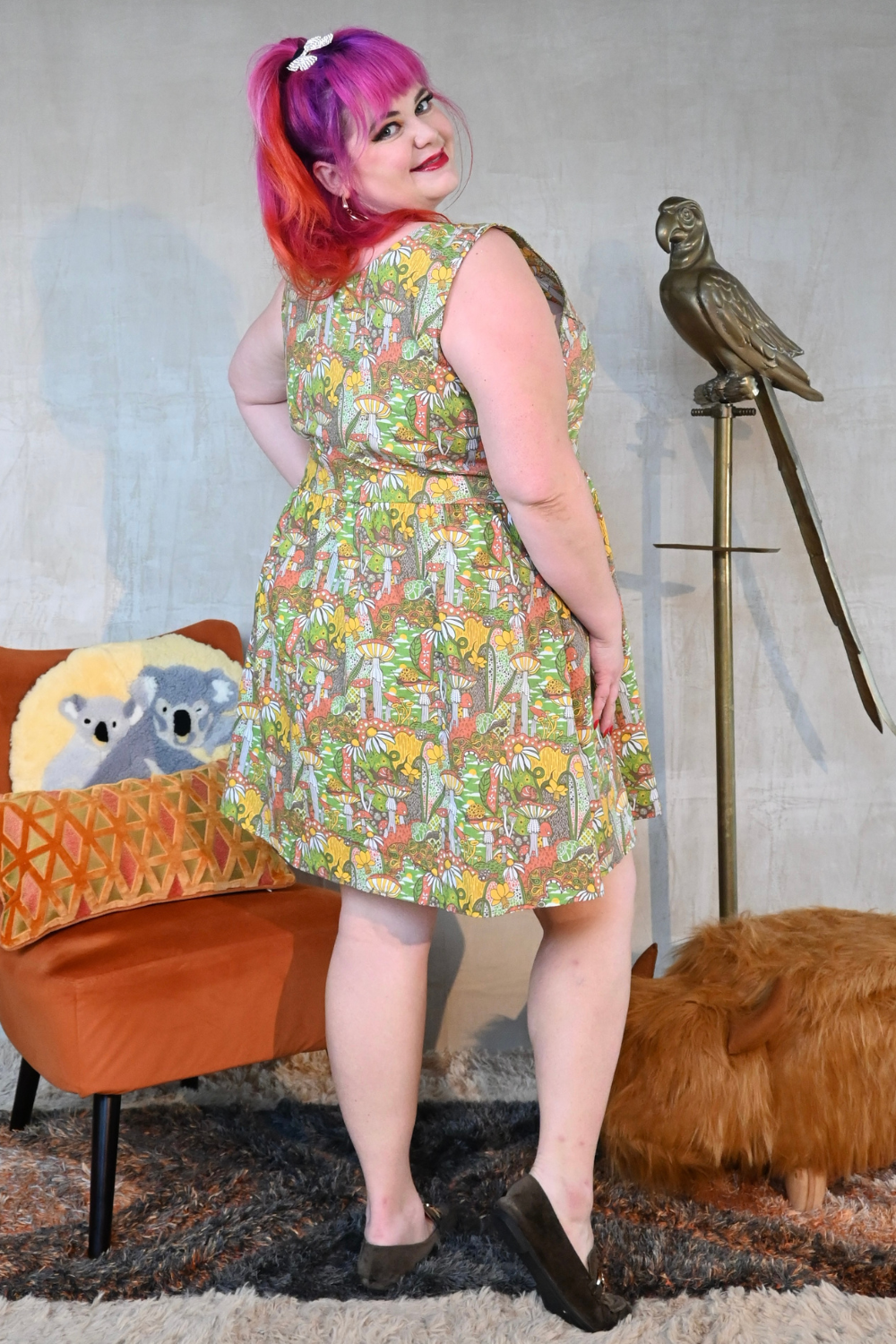 Mushrooms Fit & Flare Midi Dress in Olive