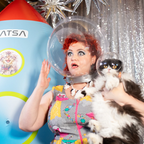 Cats in Space Print Fit & Flare Midi Dress in Asteroid Field by Blue Platypus Clothing
