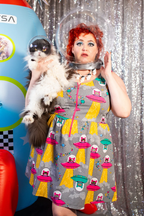 Cats in Space Print Fit & Flare Midi Dress in Asteroid Field by Blue Platypus Clothing