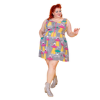 Cats in Space Print Fit & Flare Midi Dress in Asteroid Field by Blue Platypus Clothing