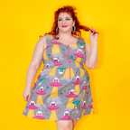 Cats in Space Print Fit & Flare Midi Dress in Asteroid Field by Blue Platypus Clothing