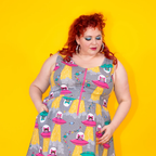 Cats in Space Print Fit & Flare Midi Dress in Asteroid Field by Blue Platypus Clothing