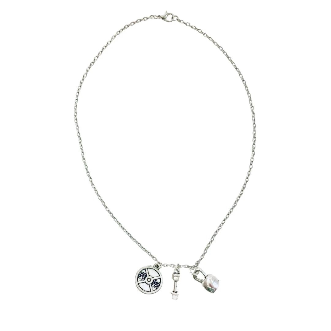 Badass Weightlifter Triple Charm Necklace in Silvertone by The Bullish Store