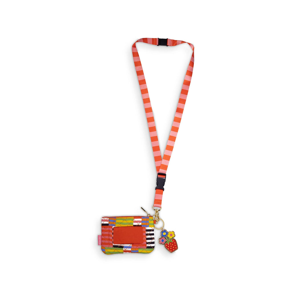 Ban.do Zip ID Lanyard in Black Stripe with Charm | Badge Holder Zippered Pouch with Keychain