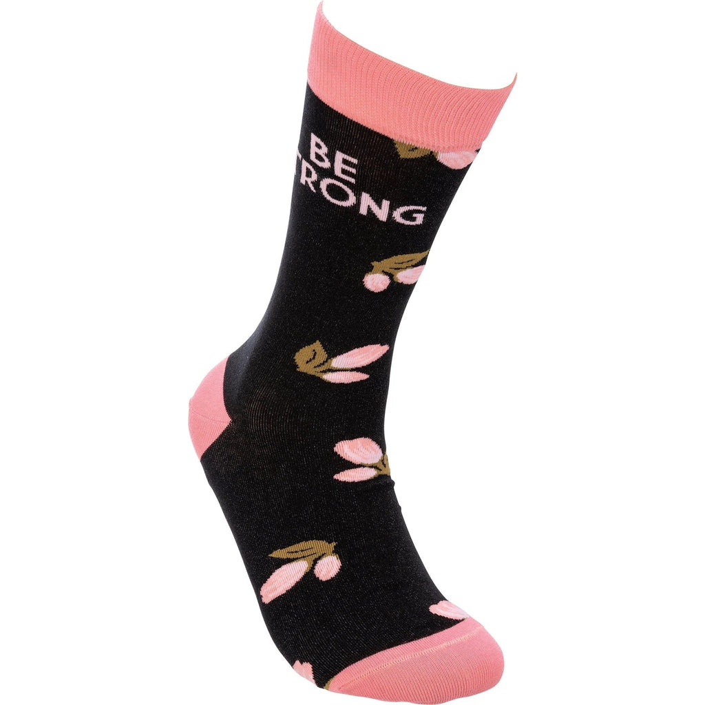 Be Strong Floral Socks in Black Background | Motivational One Size Fits Most Novelty Socks by The Bullish Store