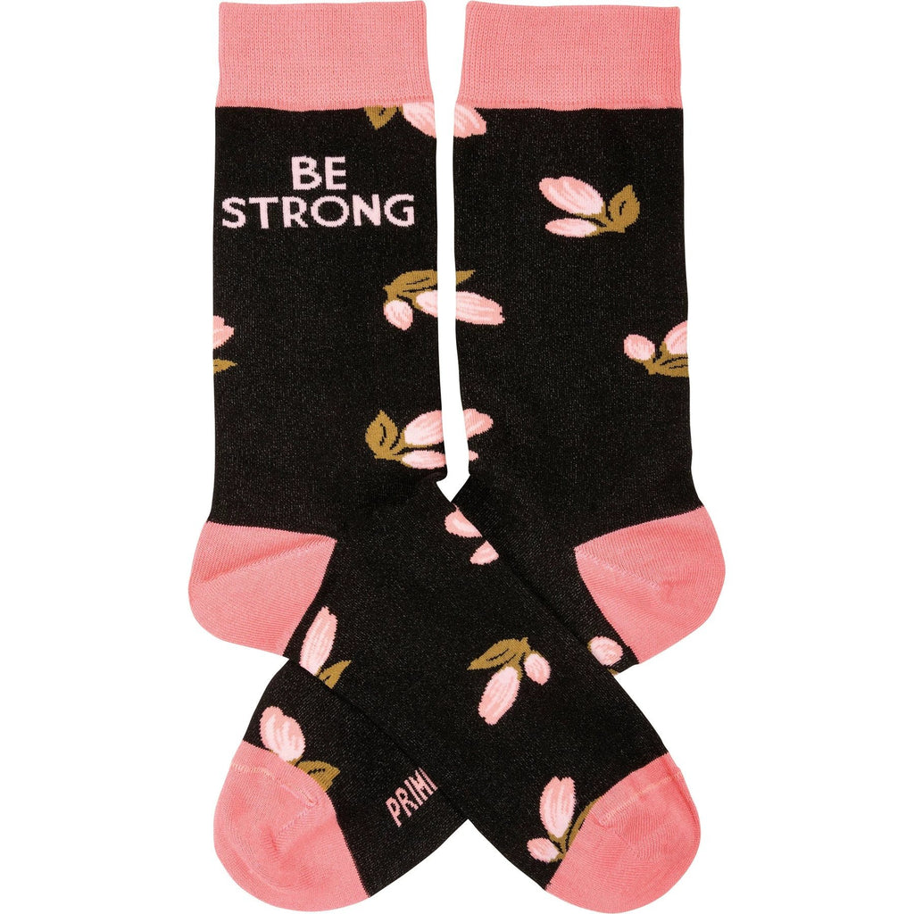 Be Strong Floral Socks in Black Background | Motivational One Size Fits Most Novelty Socks by The Bullish Store