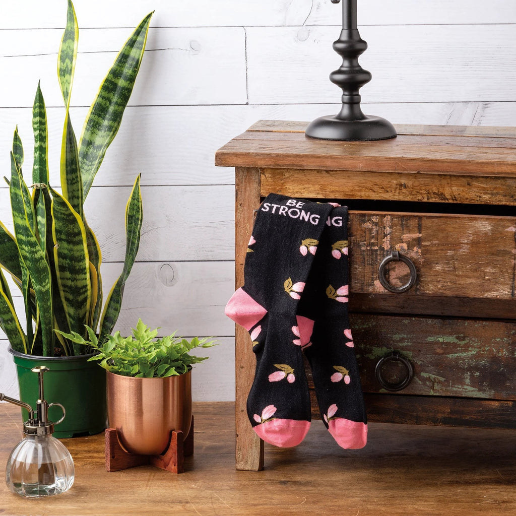 Be Strong Floral Socks in Black Background | Motivational One Size Fits Most Novelty Socks by The Bullish Store