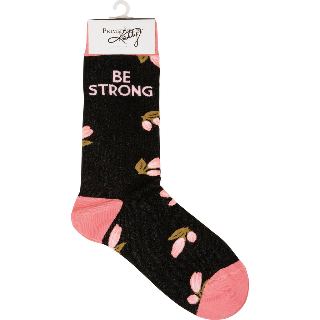 Be Strong Floral Socks in Black Background | Motivational One Size Fits Most Novelty Socks