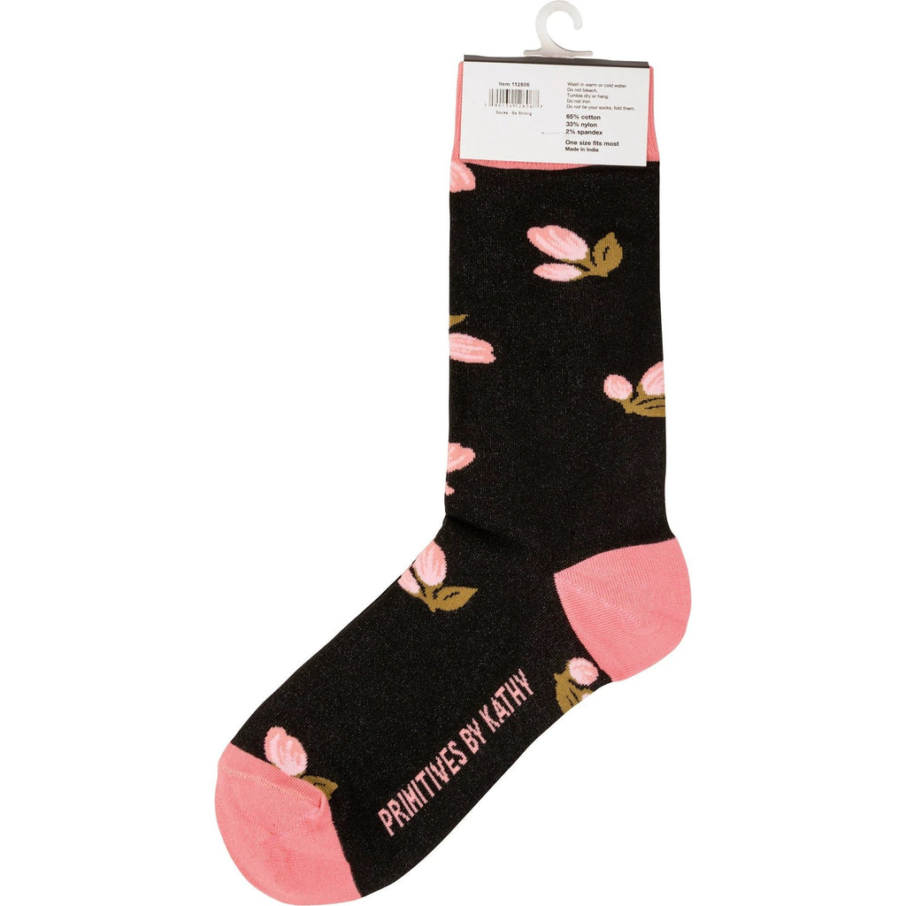 Be Strong Floral Socks in Black Background | Motivational One Size Fits Most Novelty Socks by The Bullish Store