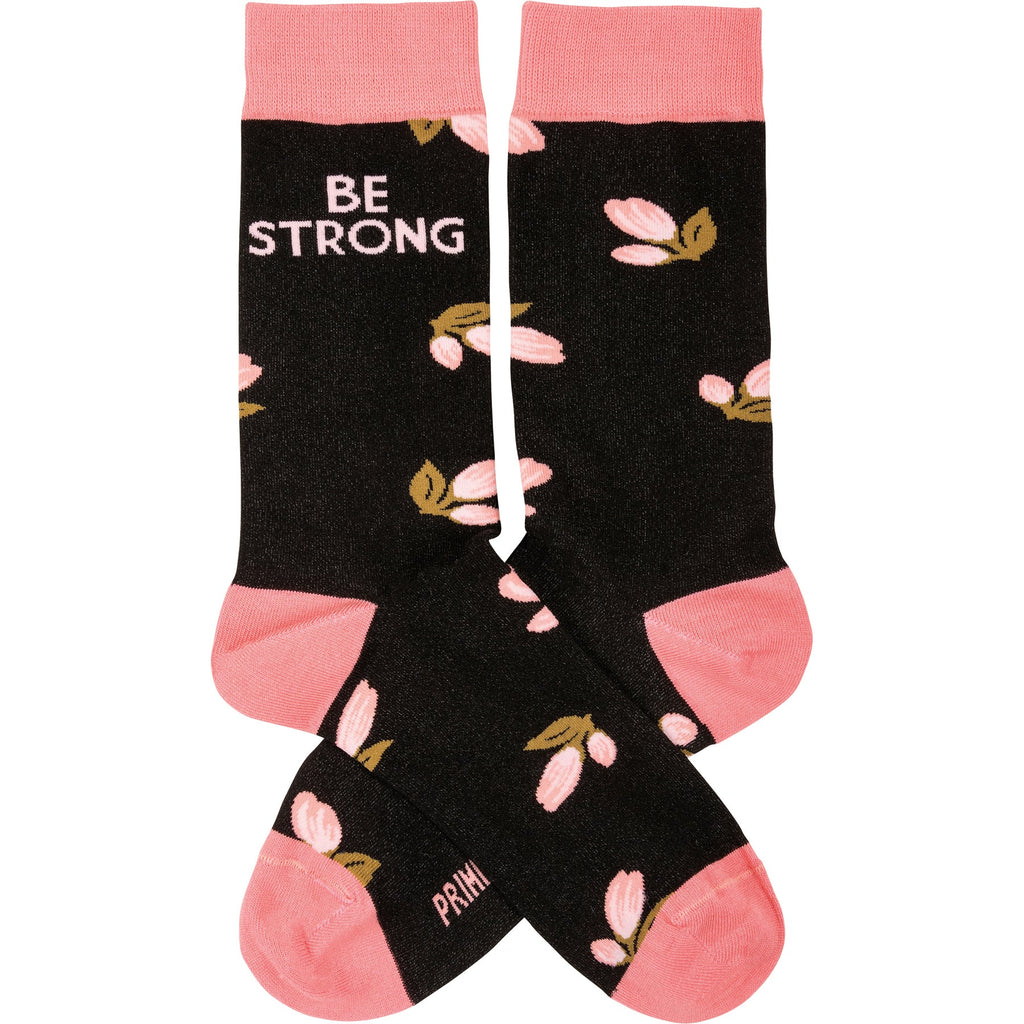 Be Strong Floral Socks in Black Background | Motivational One Size Fits Most Novelty Socks