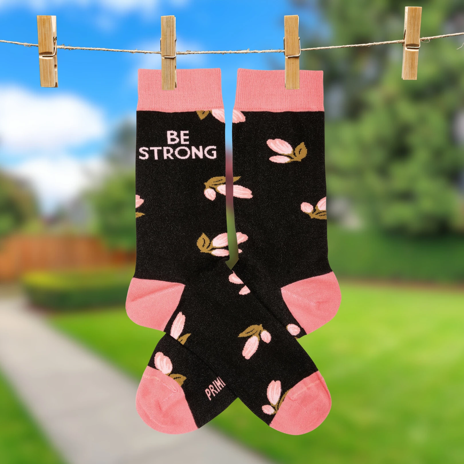 Be Strong Floral Socks in Black Background | Motivational One Size Fits Most Novelty Socks by The Bullish Store