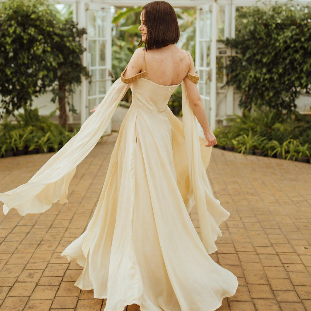 Tara Beige Long Dress with Slit by Raas