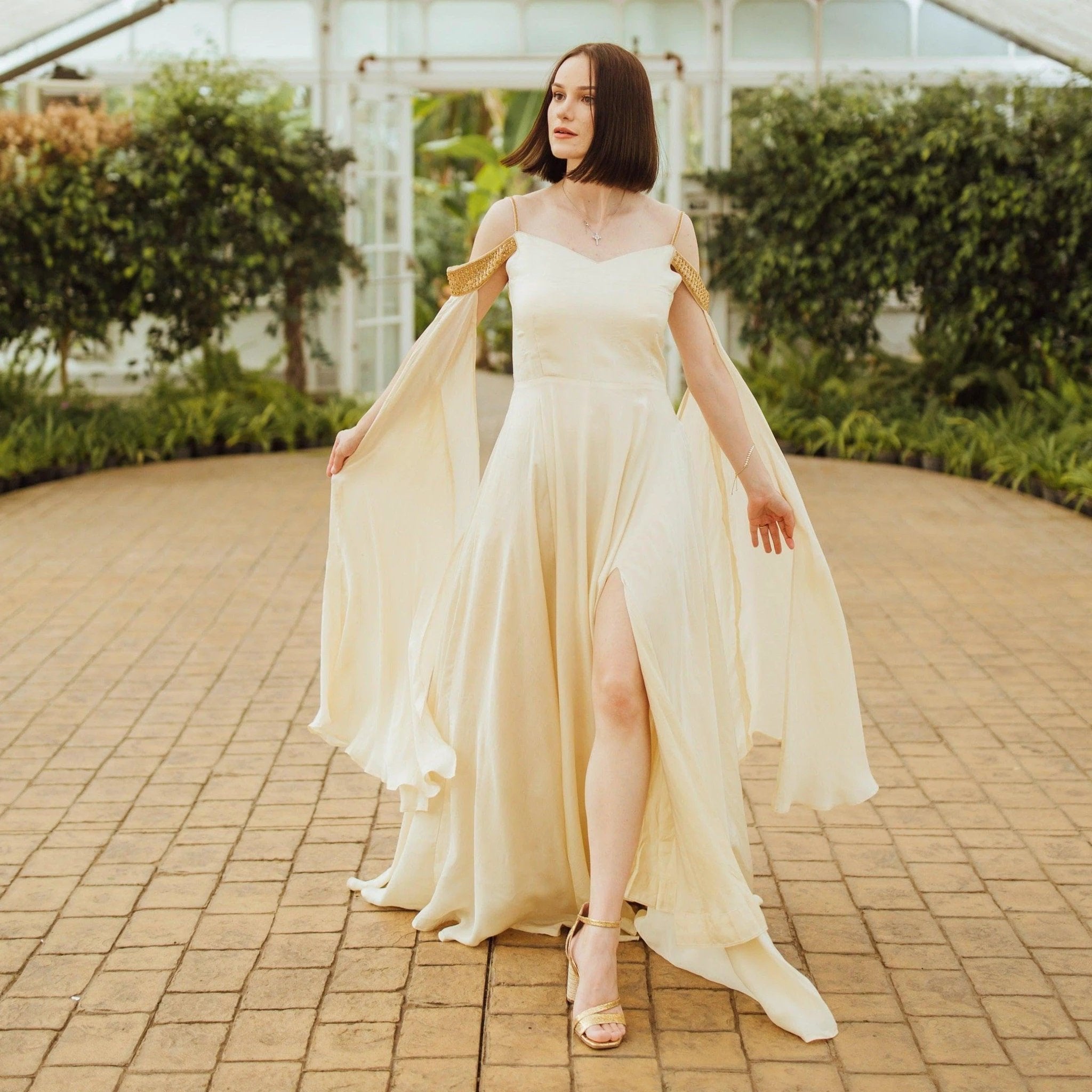 Tara Beige Long Dress with Slit by Raas