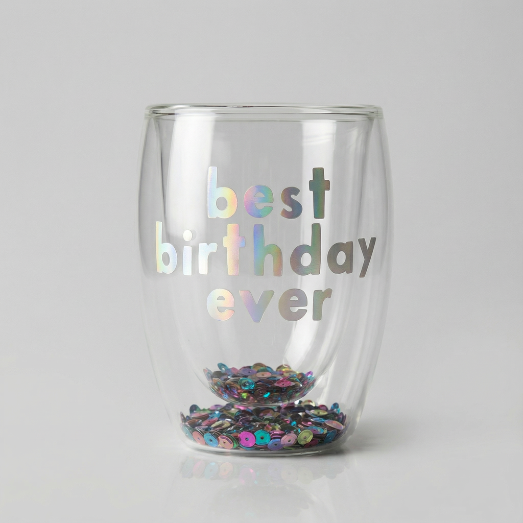 Best Birthday Ever Confetti Cup! Double-Wall Stemless Party Glass With Sequins Inside