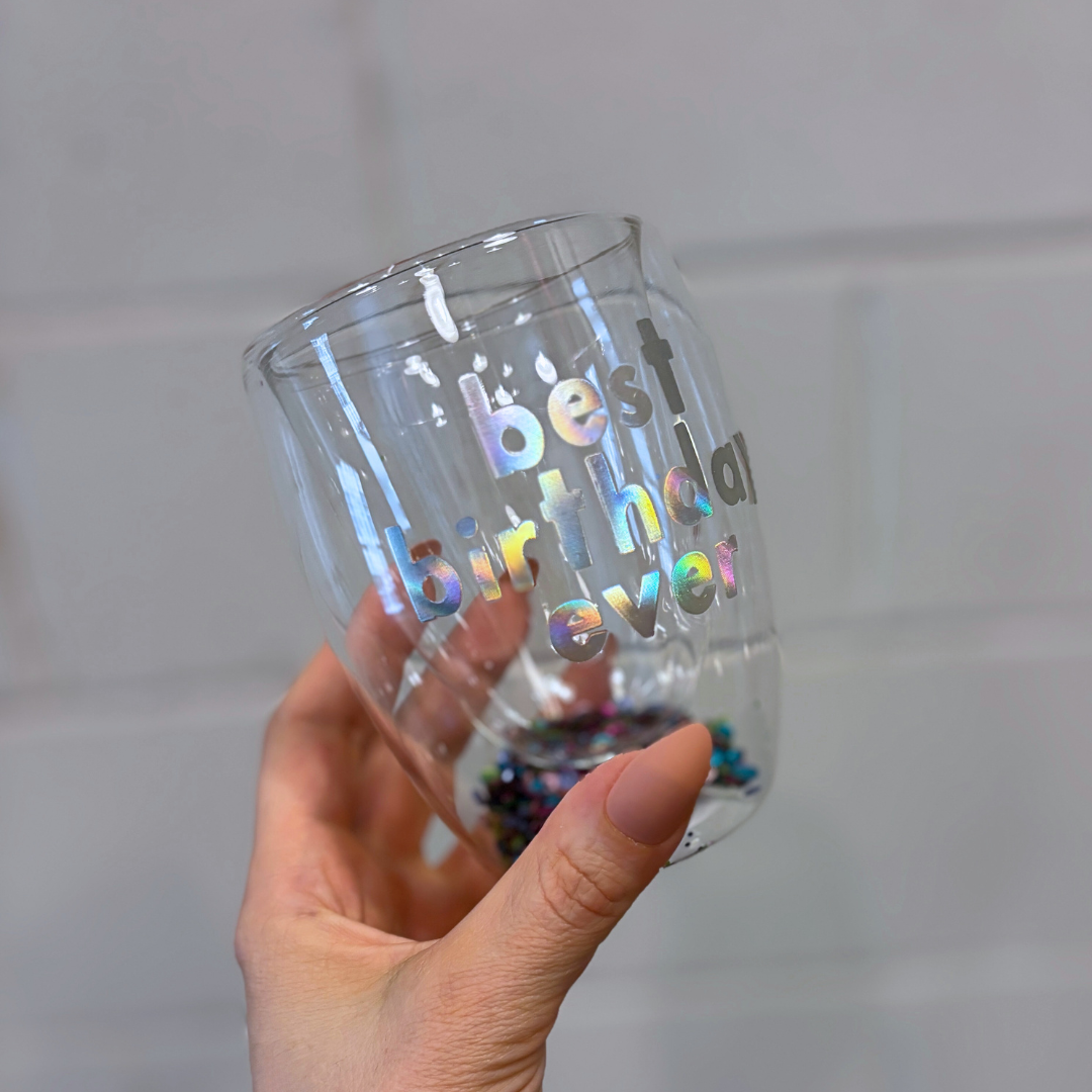 Best Birthday Ever Confetti Cup! Double-Wall Stemless Party Glass With Sequins Inside