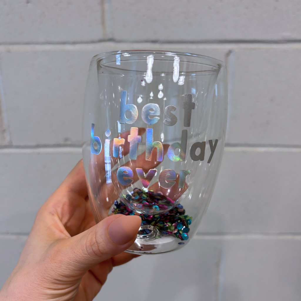 Best Birthday Ever Confetti Cup! Double-Wall Stemless Party Glass With Sequins Inside