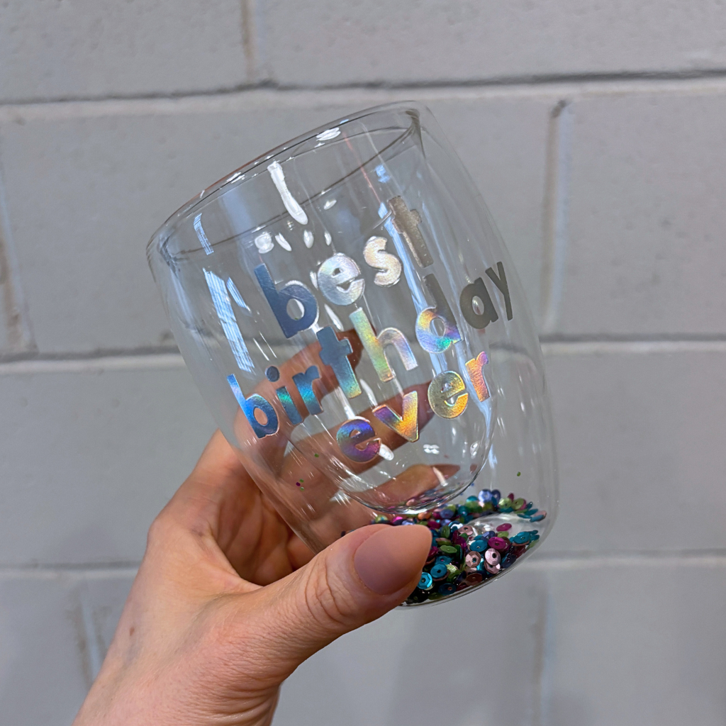 Best Birthday Ever Confetti Cup! Double-Wall Stemless Party Glass With Sequins Inside