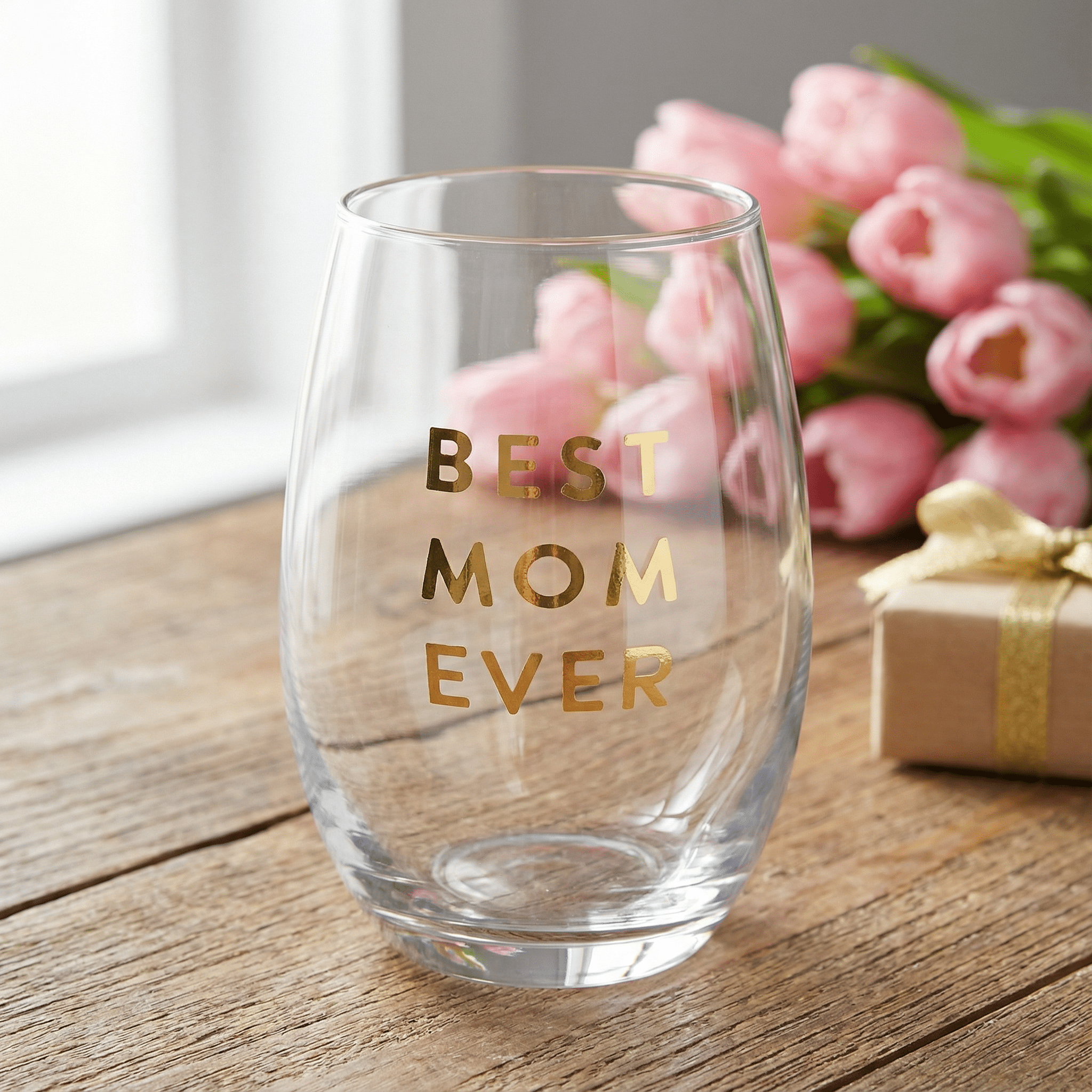 Best Mom Ever Stemless Wine Glass | Crystal Clear Drinkware Gift For Mother's Day | 17 oz