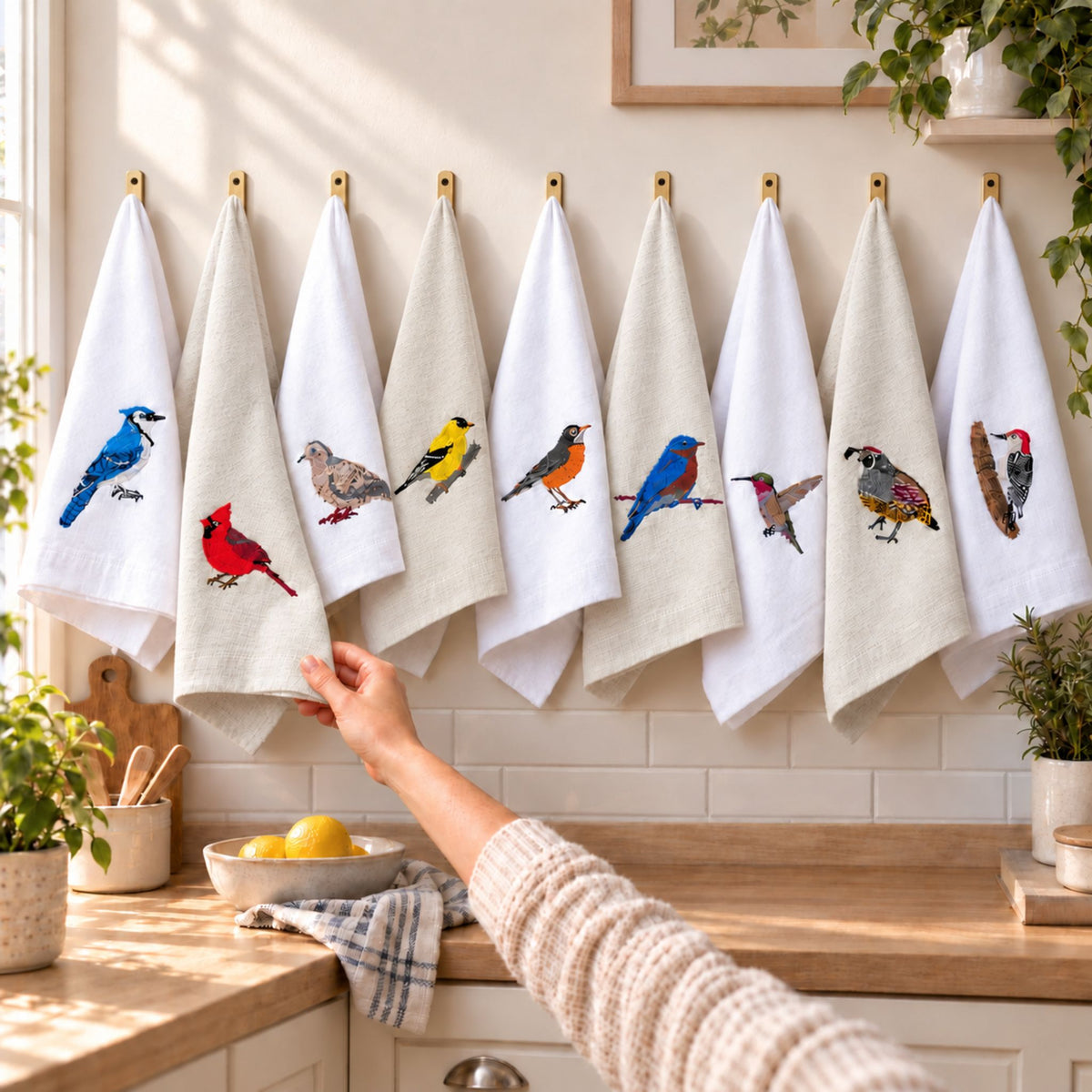 100% Cotton Tea Towels with Bird Embroidery - Kitchen Towels
