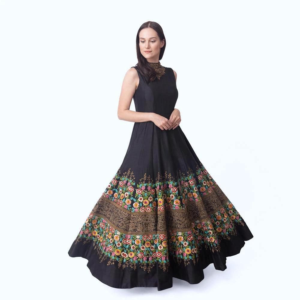 Kaylie Black Gown with Floral Embroidery by Raas