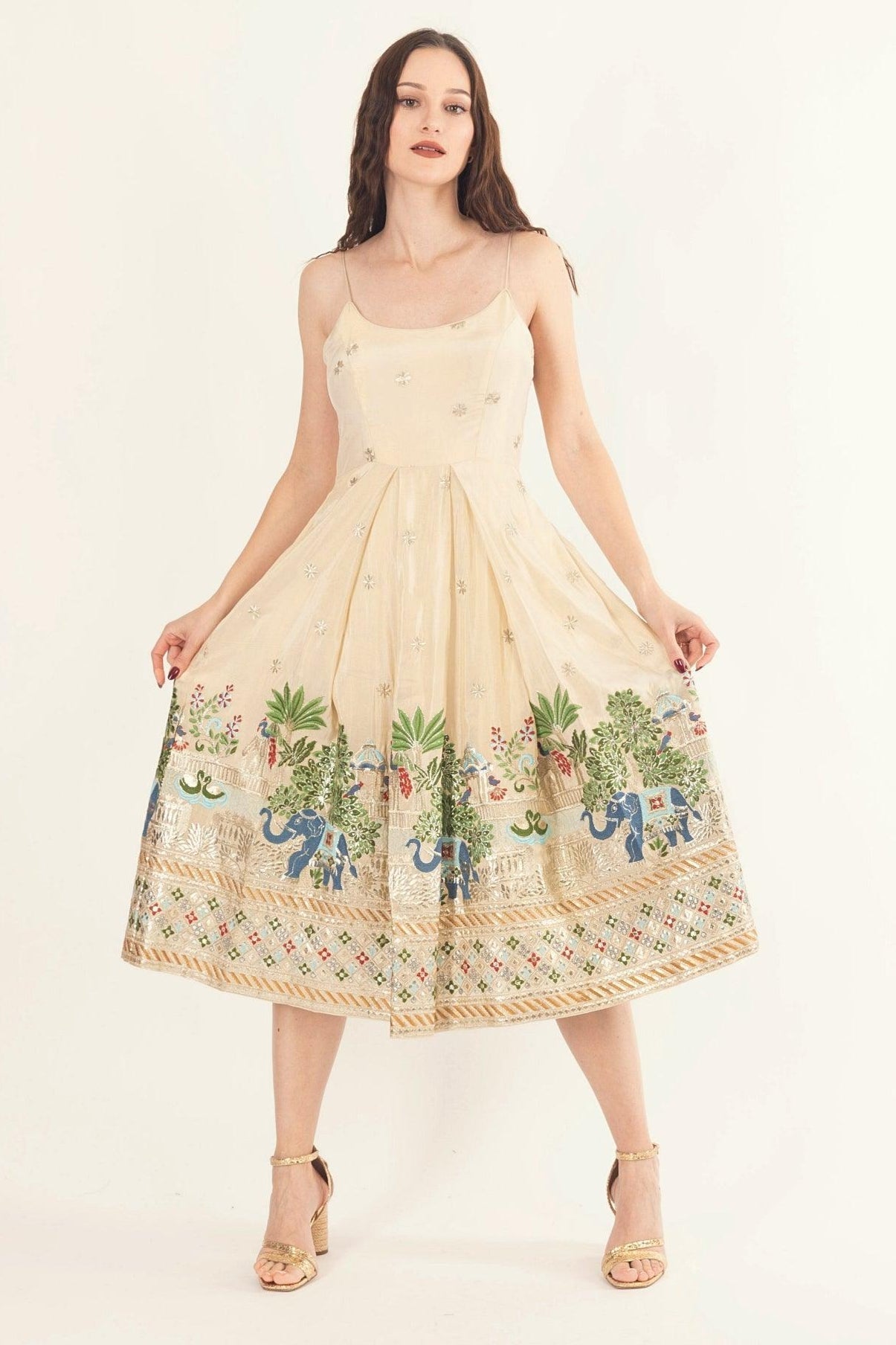 Blanche Beige Midi Dress with Embroidery