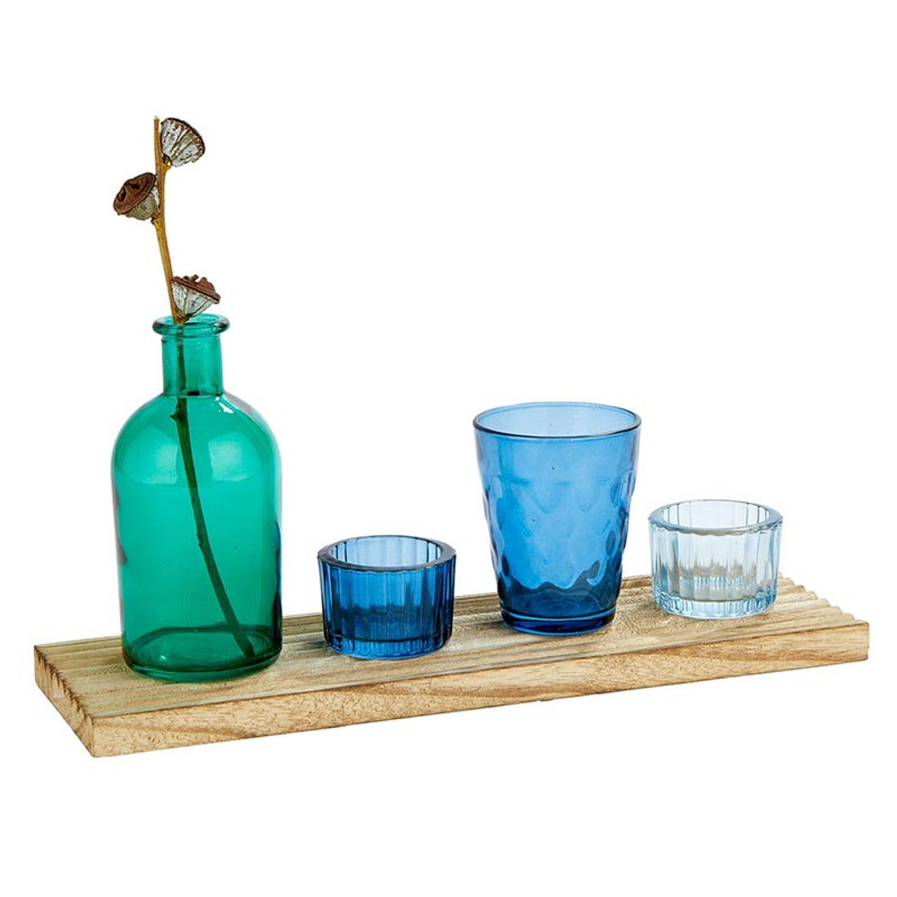 Blue Candle Garden Set | Glass Bottle Vase & Votive Candleholders with Wooden Tray