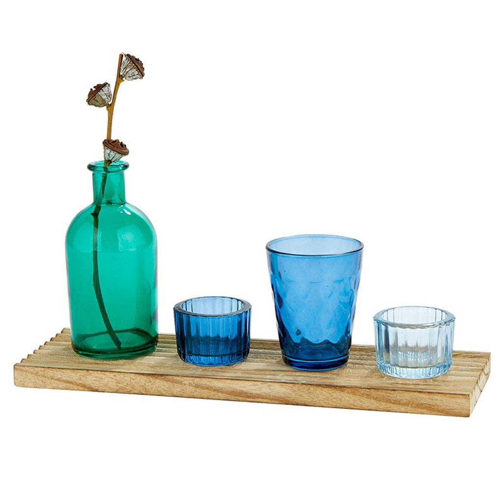 Blue Candle Garden Set | Glass Bottle Vase & Votive Candleholders with Wooden Tray