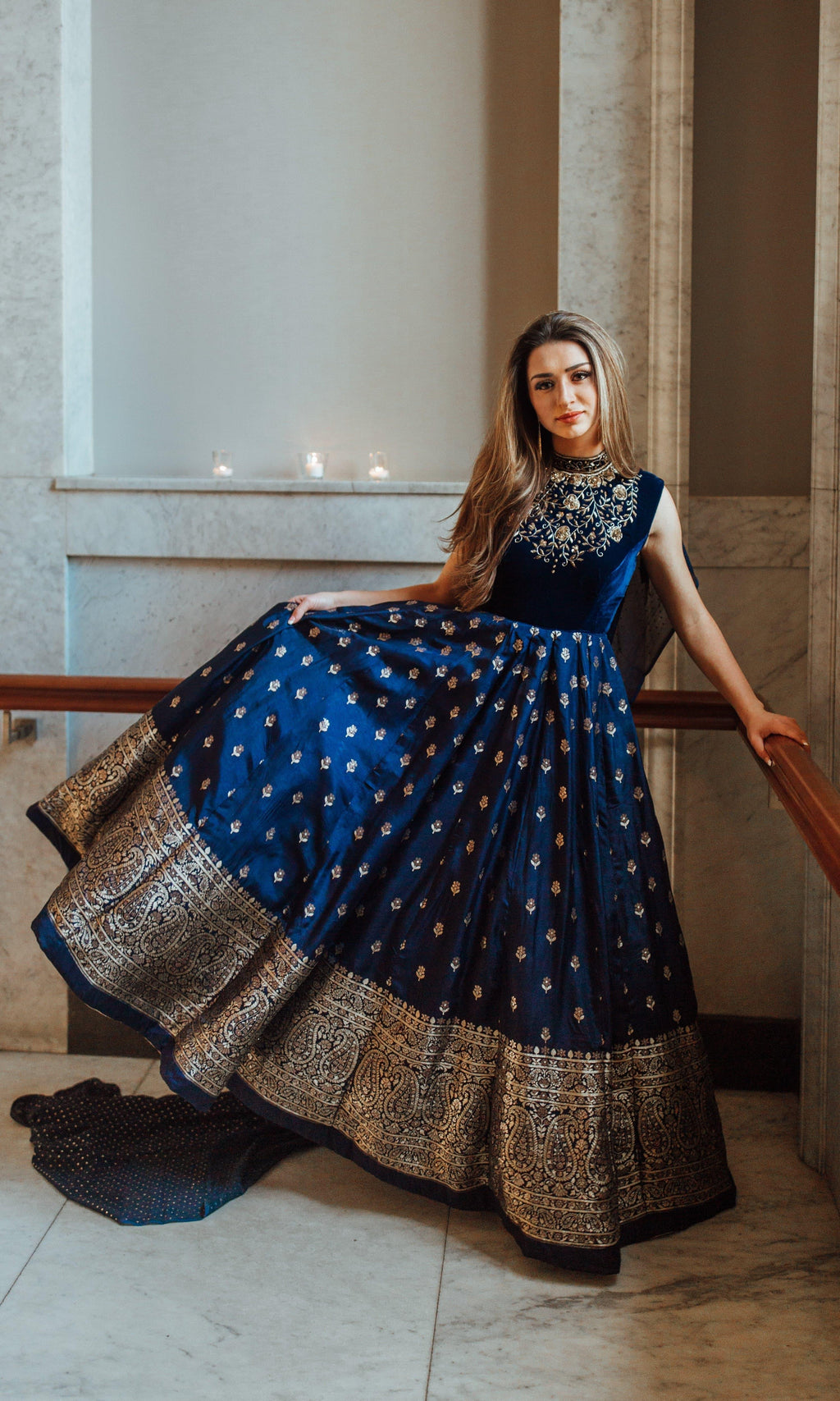 Alice Blue Gown with Velvet Hand Embroidered Torso and Banarasi Jacquard Bottom