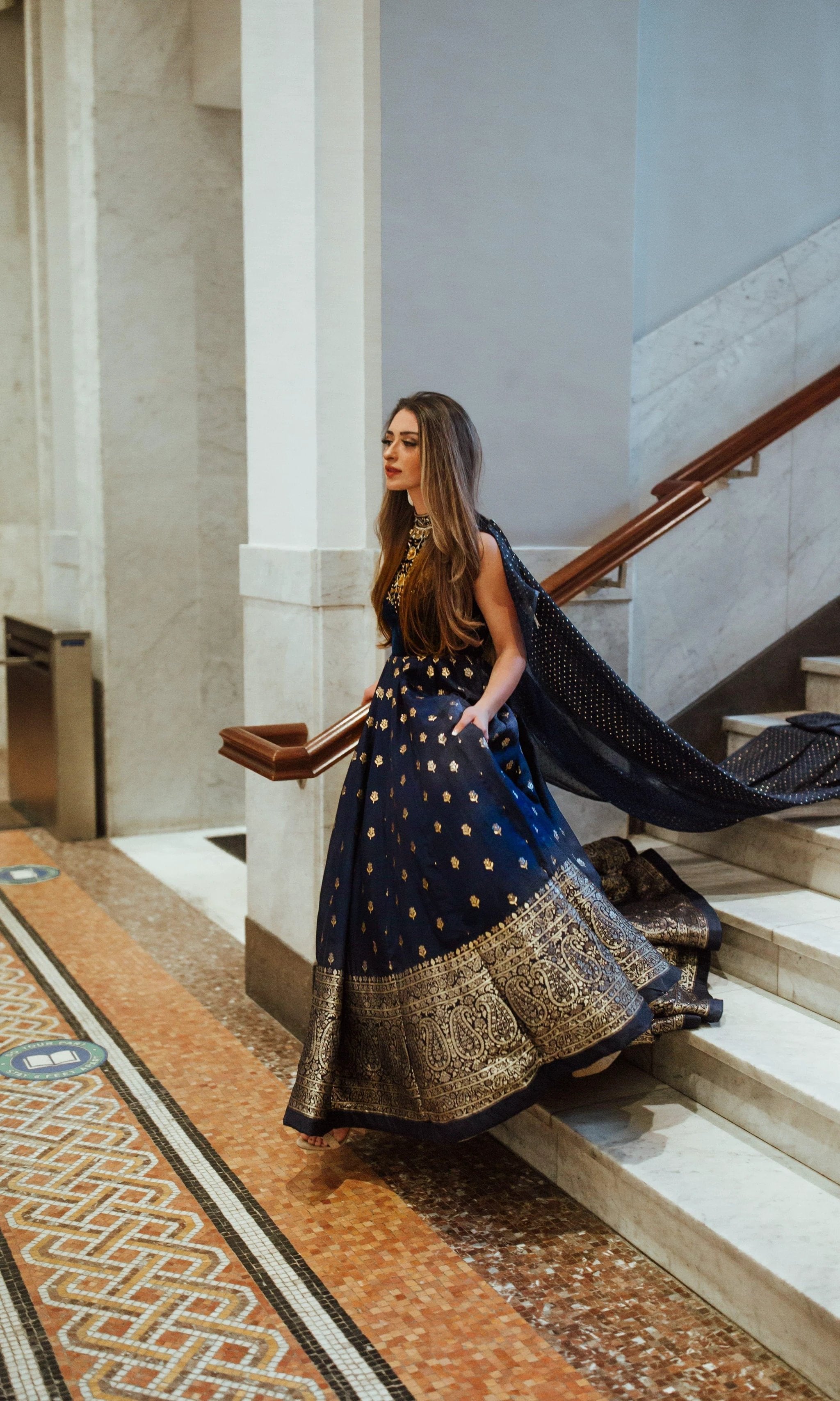 Alice Blue Gown with Velvet Hand Embroidered Torso and Banarasi Jacquard Bottom by Raas