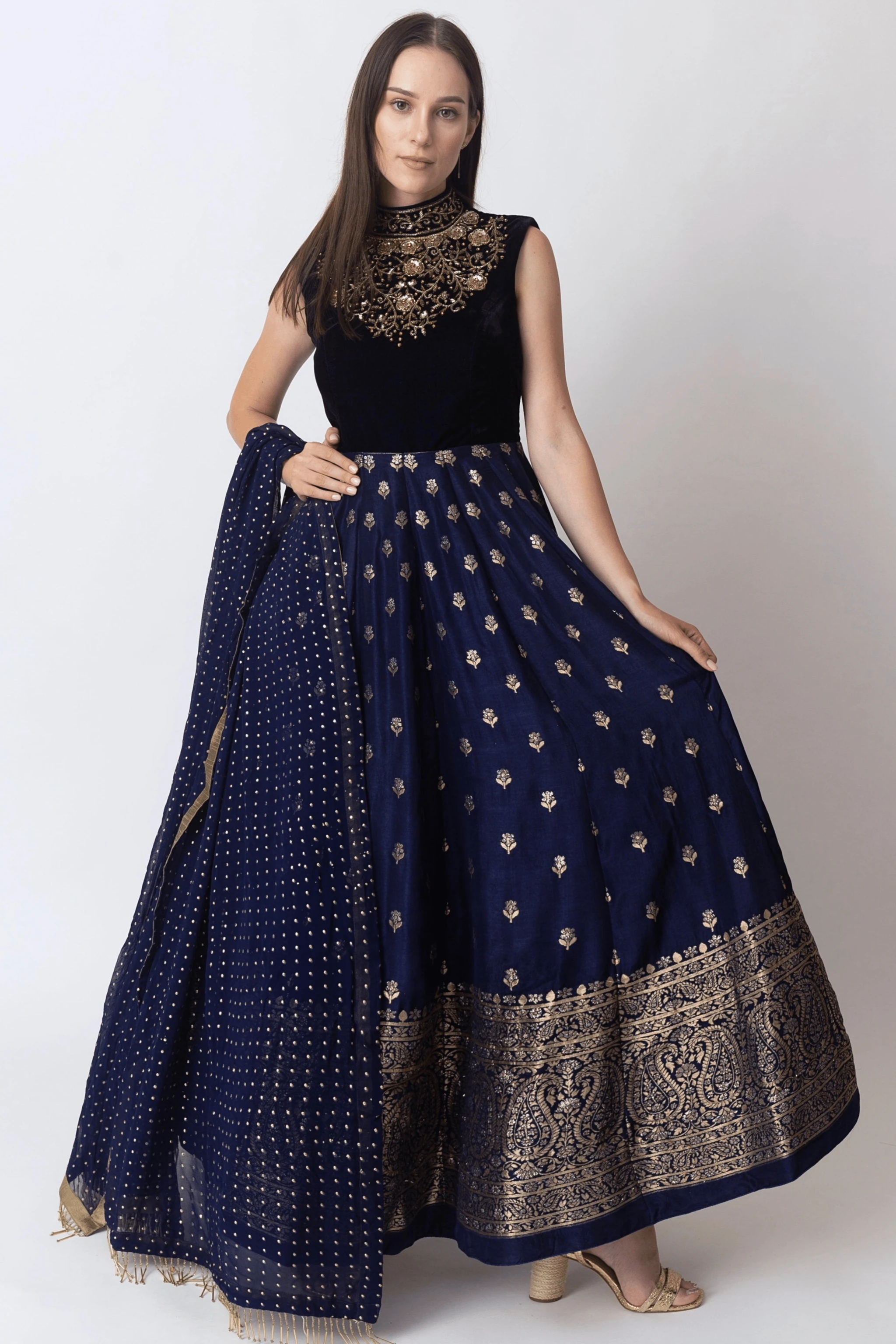 Alice Blue Gown with Velvet Hand Embroidered Torso and Banarasi Jacquard Bottom by Raas