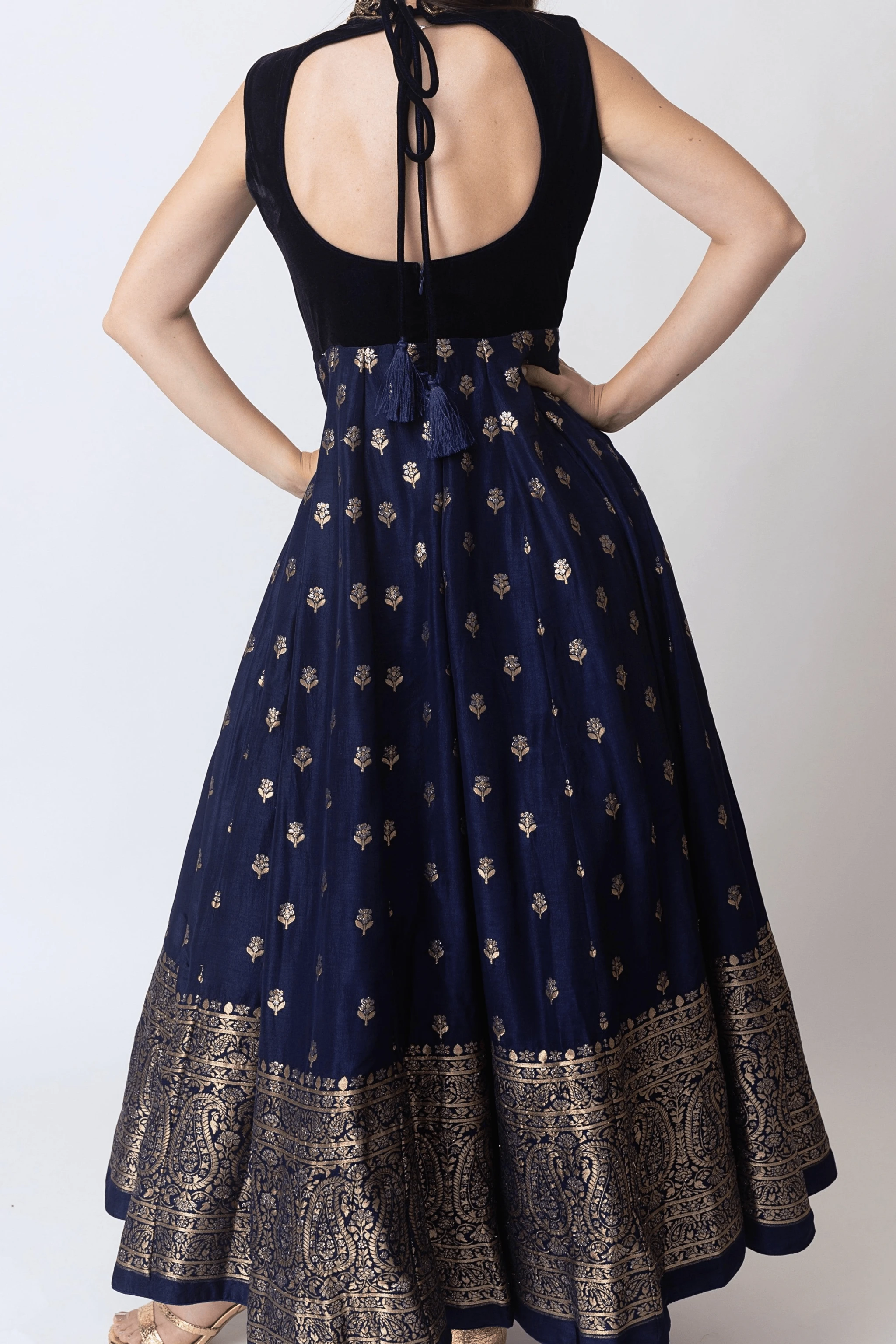 Alice Blue Gown with Velvet Hand Embroidered Torso and Banarasi Jacquard Bottom by Raas