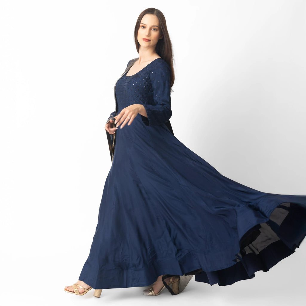 Nola Blue Long Dress with Banarasi Silk Drape by Raas