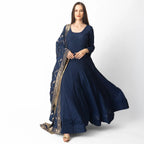 Nola Blue Long Dress with Banarasi Silk Drape by Raas